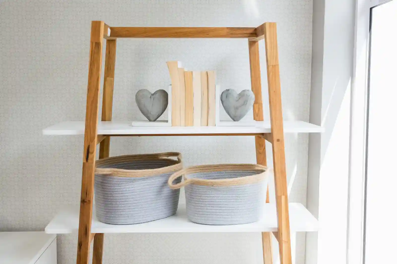 Home 8 Neatly styled shelf with baskets and decor – minimalist home organisation and styling in Lake Macquarie and Newcastle