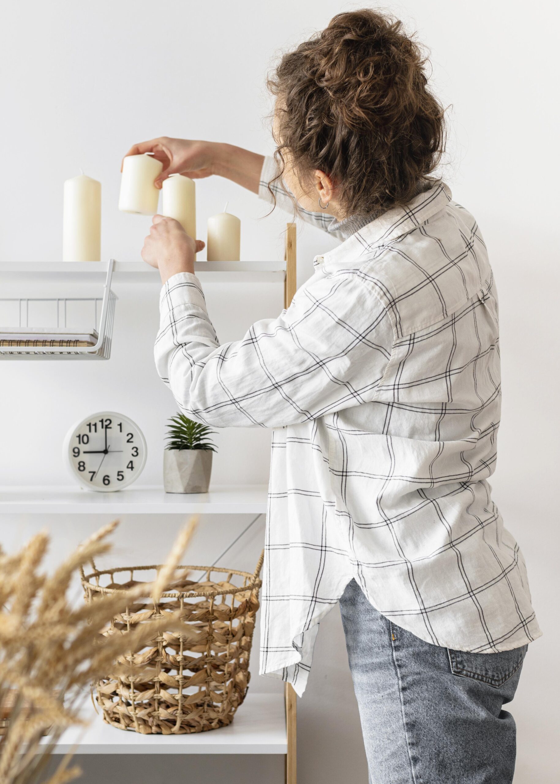 Professional organiser styling shelf with candles – home organisation and interior styling in Lake Macquarie and Newcastle